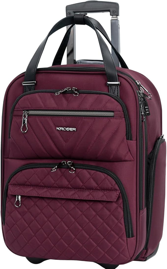 KROSER Carry On Underseat Multi-functional, 16-inch Underseater Lightweight Overnight Suitcase for Women, Burgundy