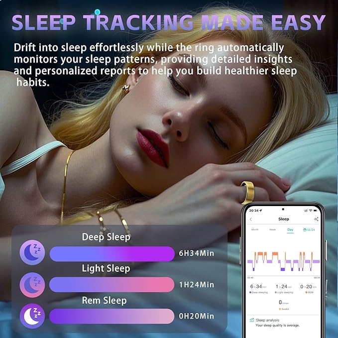 Activity Tracker Ring for Men Women – Smart Health Ring with Heart Rate, SpO2, Blood Pressure, Sleep Monitoring, Step & Calorie Counter, 5ATM Waterproof, No Subscription Fee (Gold 9)