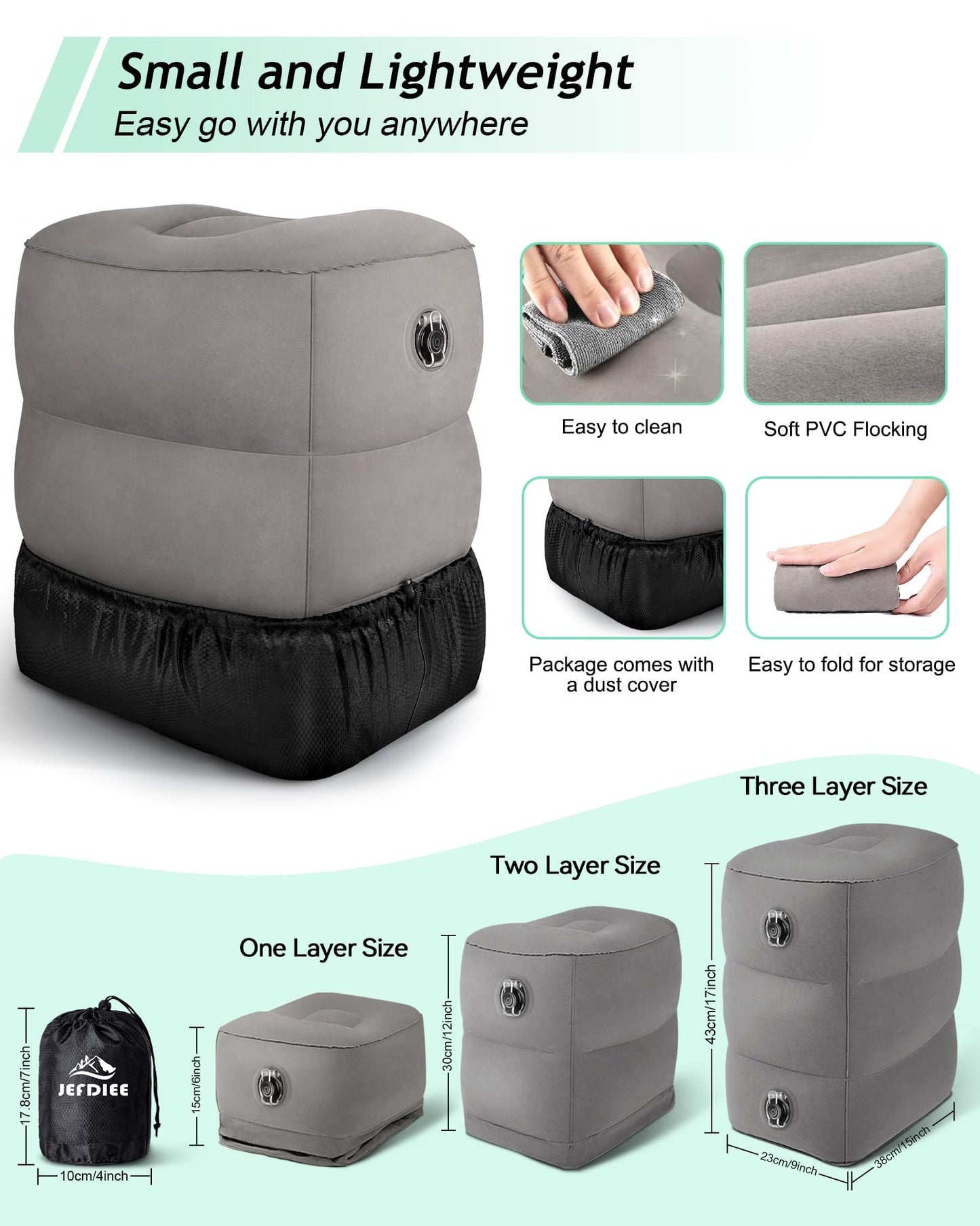 JefDiee Inflatable Foot Rest Pillow, Kids Airplane Bed, Adjustable 3 Layers Height Leg Rest Pillow, Airplane Travel Essentials Great for Office, Home, Trains, Cars