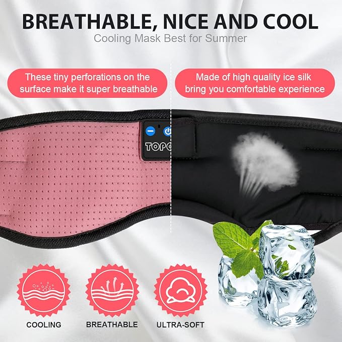 TOPOINT Sleep Mask with Bluetooth Headphones, Breathable Silk Eye Mask for Sleeping Men Women, Bluetooth Sleep Mask Blackout with Speakers, Microphone Handsfree, USB C for Travel Meditation Gifts
