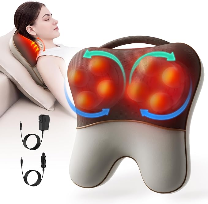 Shiatsu Neck and Back Massager with Heat, Back Massager for Pain Relief Deep Tissue, Massager for Neck and Shoulder Pain, Massage Pillow with Cover, Adjustable Straps & Portable Handle (No Battery)