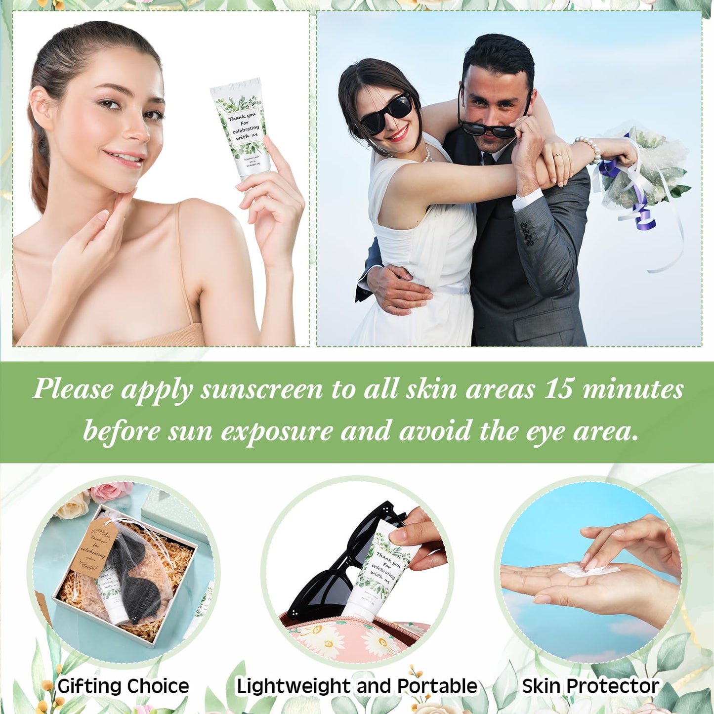 Dansib 12 Sets Mini Sunscreen and Sunglasses Bulk for Wedding Party Spf30 Water Resistant Sunscreen Lotion Bulk 1oz Travel Size for Thank You Gifts Wedding Party Supplies (Eucalyptus)