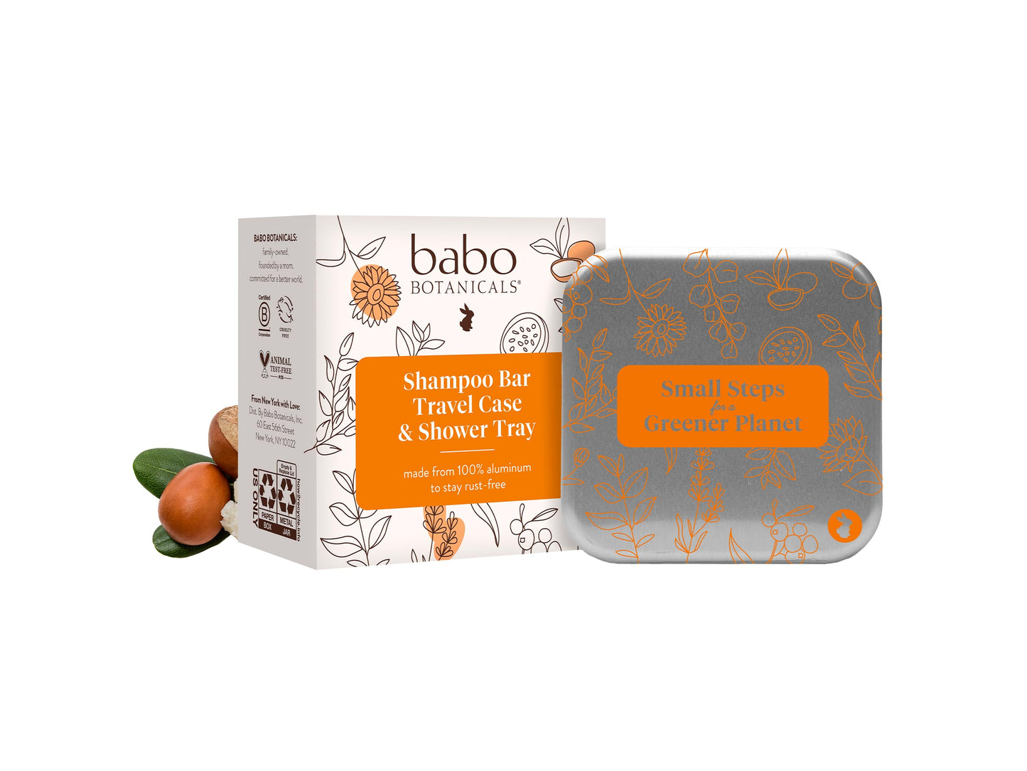 Babo Botanicals Shampoo Solid Bar 2-1 Holder, Travel Case with Lid, Shower Tray with Draining Layer; Aluminum Case for Shampoo or Soap, TSA