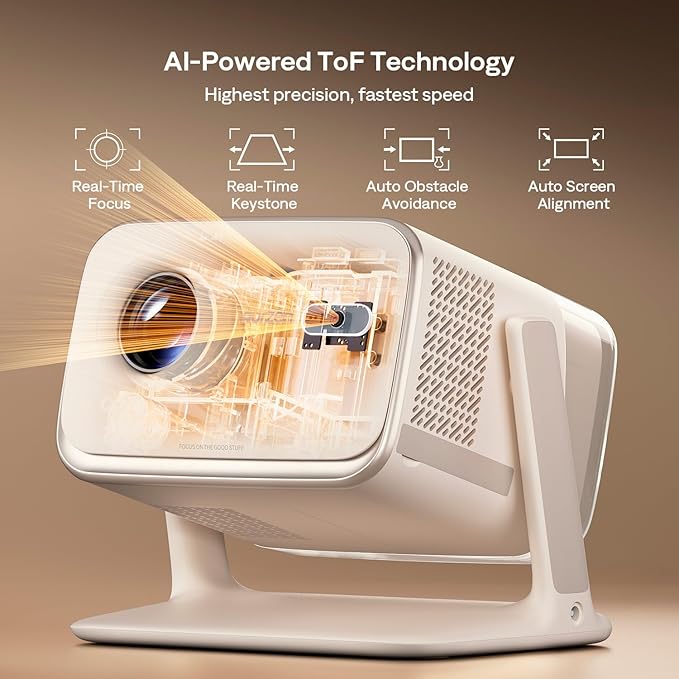 Aurzen BOOM mini Google TV 4K Supported Smart Portable Projector with WiFi and Bluetooth, Outdoor & Home Movie Projector with 20W Speakers DoIby Audio, Real-Time Focus, 500 ANSI Lumens, Off-white