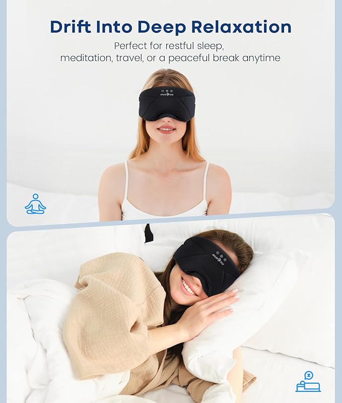 MUSICOZY Sleep Headphones, Bluetooth 5.4 Sleep Mask, Washable Zipper Eye Mask with HD Stereo Speakers, Cooling Ice Silk Fabric, 14H Playtime Wireless Headband Headphones for Side Sleepers