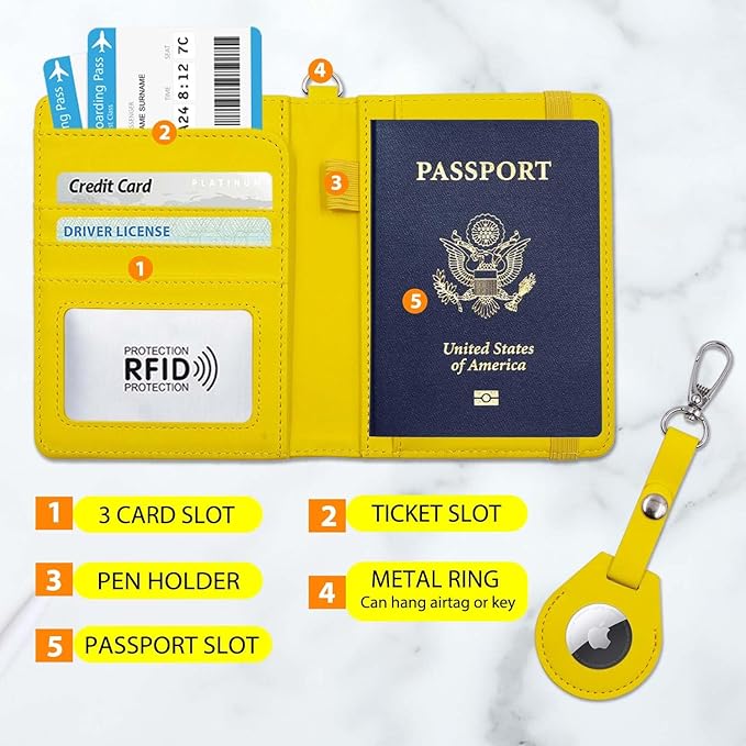 Cnycmy Passport Holder with Airtag slot,Passport-Wallet-Holder for Women,for Family, Rfid Passport Book Card Slot Waterproof, passport holder for travel (yellow1)