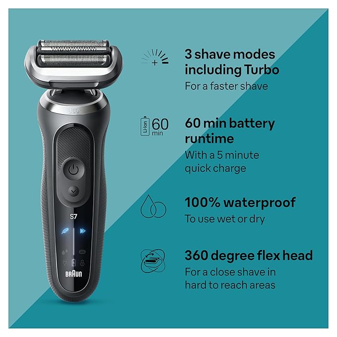 Braun Electric Shaver for Men, Series 7 7177cc, Wet & Dry Shave, Turbo & Gentle Shaving Modes, Waterproof Foil Shaver, Space Grey