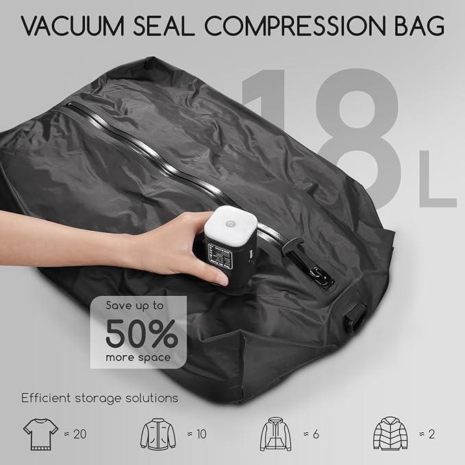 2 Pack Vacuum Bags for Travel with Air Pump, TPU Reusable Vacuum Compression Bags for Travel with Waterproof Zipper, Space Saver Bag for Suitcase, Backpack, Black
