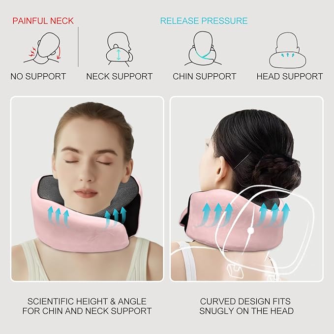 Travel Neck Pillow Airplane, Travel Pillow for Sleeping, Chin Support Flight Pillows, Ergonomic Design Memory Foam Pillows for Car, Soft Neck Surround Pillow (Pink)