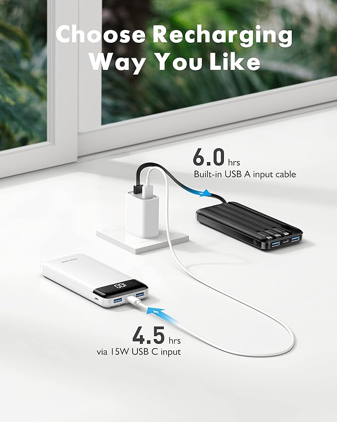 2 Packs Portable Chargers with Built in Cables, 2PCS Slim 10000mAh Travel Essentials Battery Pack 6 Outputs 3A Power Banks for iPhone Samsung Pixel LG Moto iPad