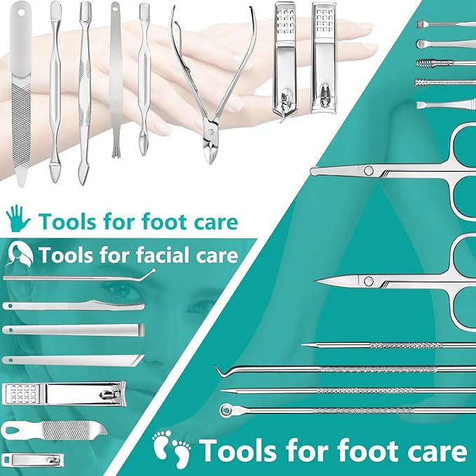 26-Piece Professional Manicure and Pedicure Kit, Nail Clippers Set, Stainless Steel Nail Care Tools with Travel Case, Silver White