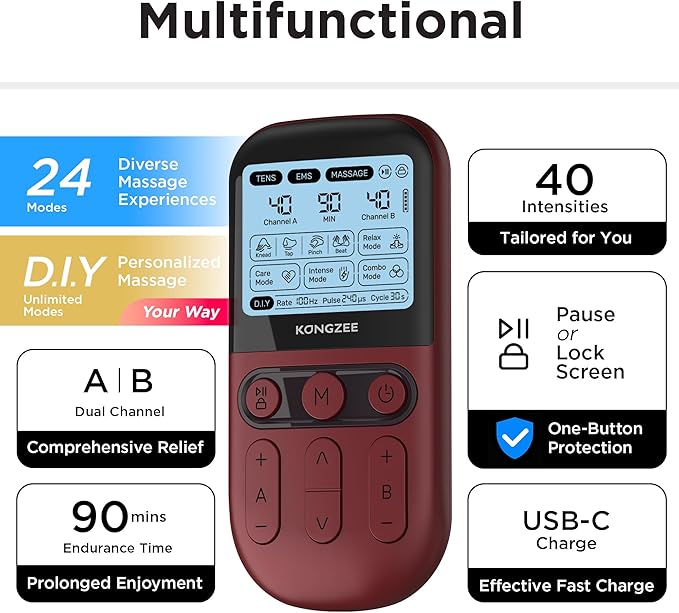 4 in 1 - D.I.Y & Tens Unit & EMS & Massage Muscle Stimulator, Dual Channel TENS Units Therapy Machine for Pain Relief, FDA Cleared Rechargeable Electronic Pulse Massager,with 12pcs Electrode Pads