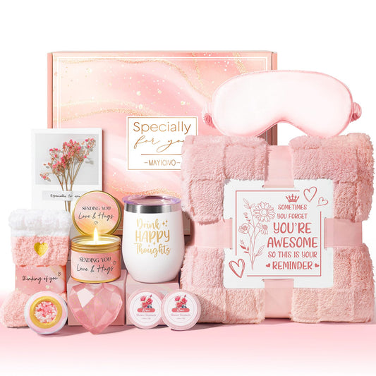 Birthday Gifts for Women, Self Care Gifts Get Well Soon Gifts Basket for Women, Rose Relaxing Spa Gifts Care Package w/ Luxury Blanket, Mothers Day Gifts for Mom Her Wife Girlfriend Friend Sister