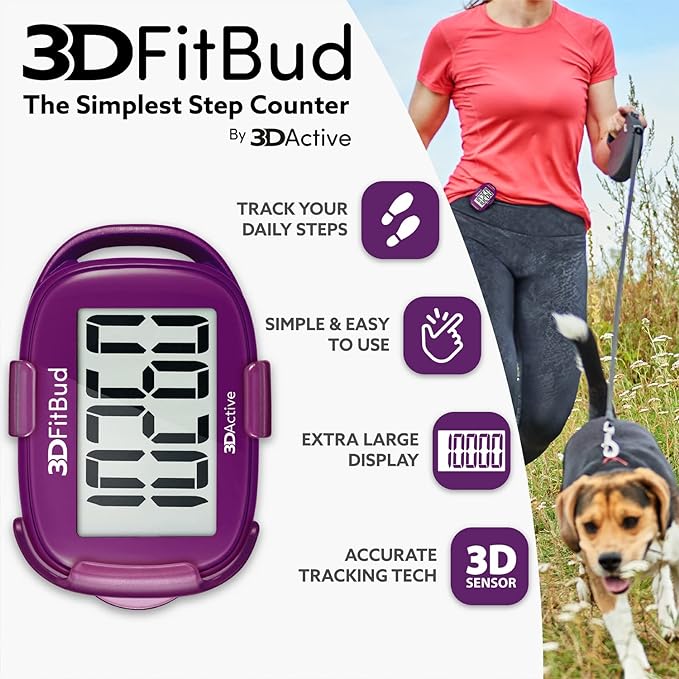 3DFitBud Simple Step Counter Walking 3D Pedometer by 3DActive with Clip, Lanyard Accurate Fitness Tracker for Men, Women & Elderly Daily Exercise - A420S