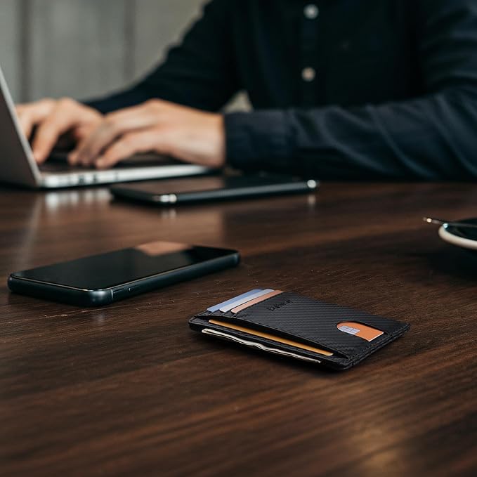 Buffway Slim Minimalist Front Pocket RFID Blocking Leather Wallets for Men and Women - Carbon Fiber Black