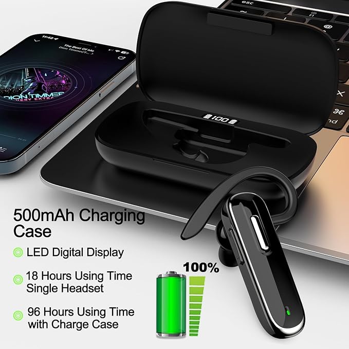 Bluetooth Earpiece for Cell Phones, V5.1 Wireless Headset Handfree with Battery Charging Case Built-in Microphone for iPhone Android Driver/Business/Office