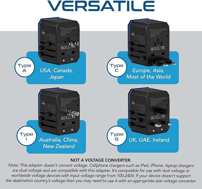 Ceptics International Power Adapter, World Travel adapter w/ PD 30W USB-C - 2 USB-A Ports Universal Adapter, Type A C G I Output for worldwide use, UP-10KU