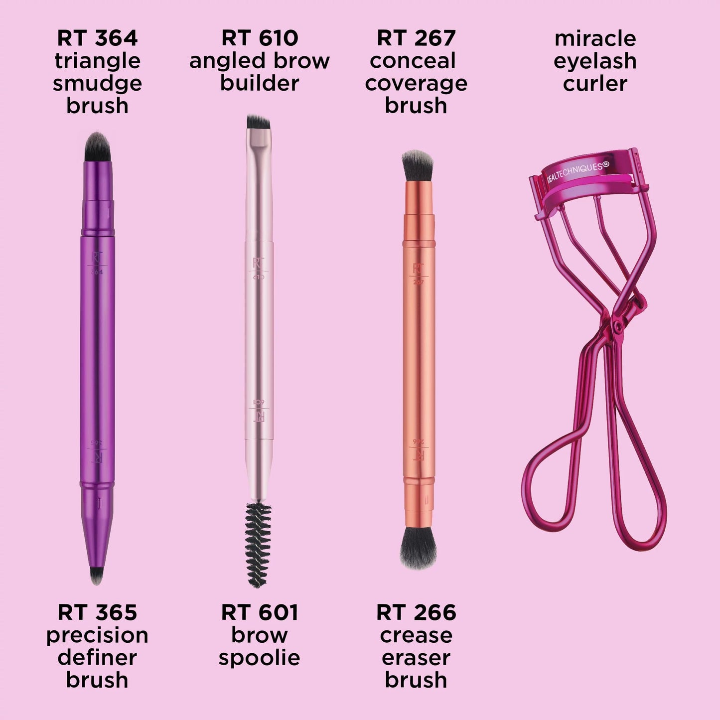 Real Techniques Double Time Brush + Lash 4 Piece Set, Dual-Ended Eye Makeup Brushes For Eyeshadow & Brows, Travel-Friendly Brush Caps For Storage, Eyelash Curler Included, Cruelty-Free