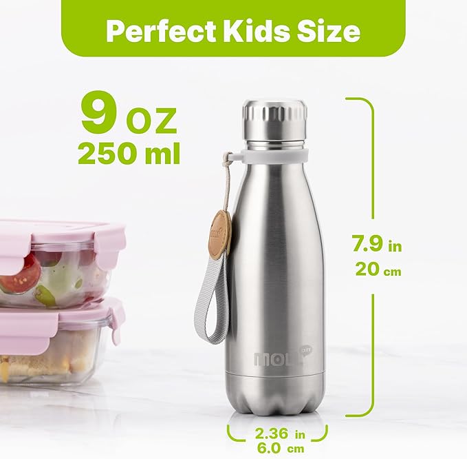 9 oz Water Bottle for Kids-Stainless Steel Vacuum Insulated Sports Flask Leak Proof Small Water Bottles for School (Silver)