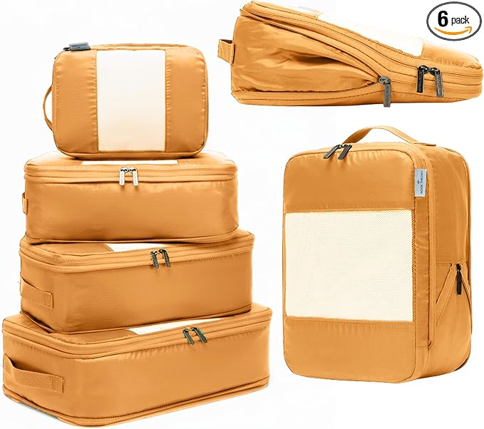6-Pack Compression Packing Cubes Travel Essentials - Lightweight, Water-Resistant Luggage Organizer Bags with Handles, Durable Travel Accessories Suitcase Organizer (Caramel)