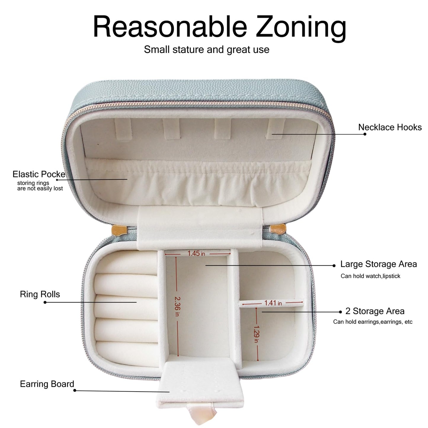 Betviv Travel Jewelry Box, Small Blue Case for Business Travel, PU Leather Compact Size, Curated Storage for Daily Jewelry | Dual-Zipper & Hidden Compartment | Anti-Tarnish Protection