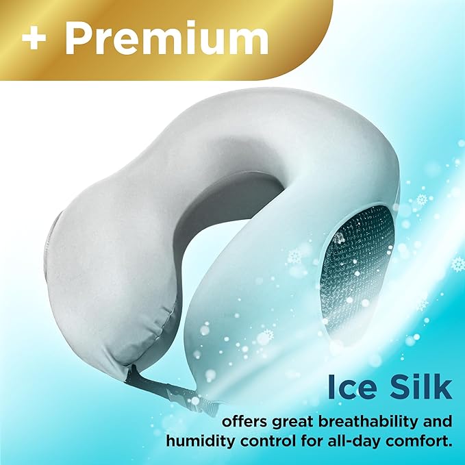 BLACK+DECKER Memory Foam Travel Neck Pillow Travel Pillow for Plane, Car & Train| Ice Silk Cooling Fabric, Ergonomic Design, Neck Support, Washable Cover,Grey