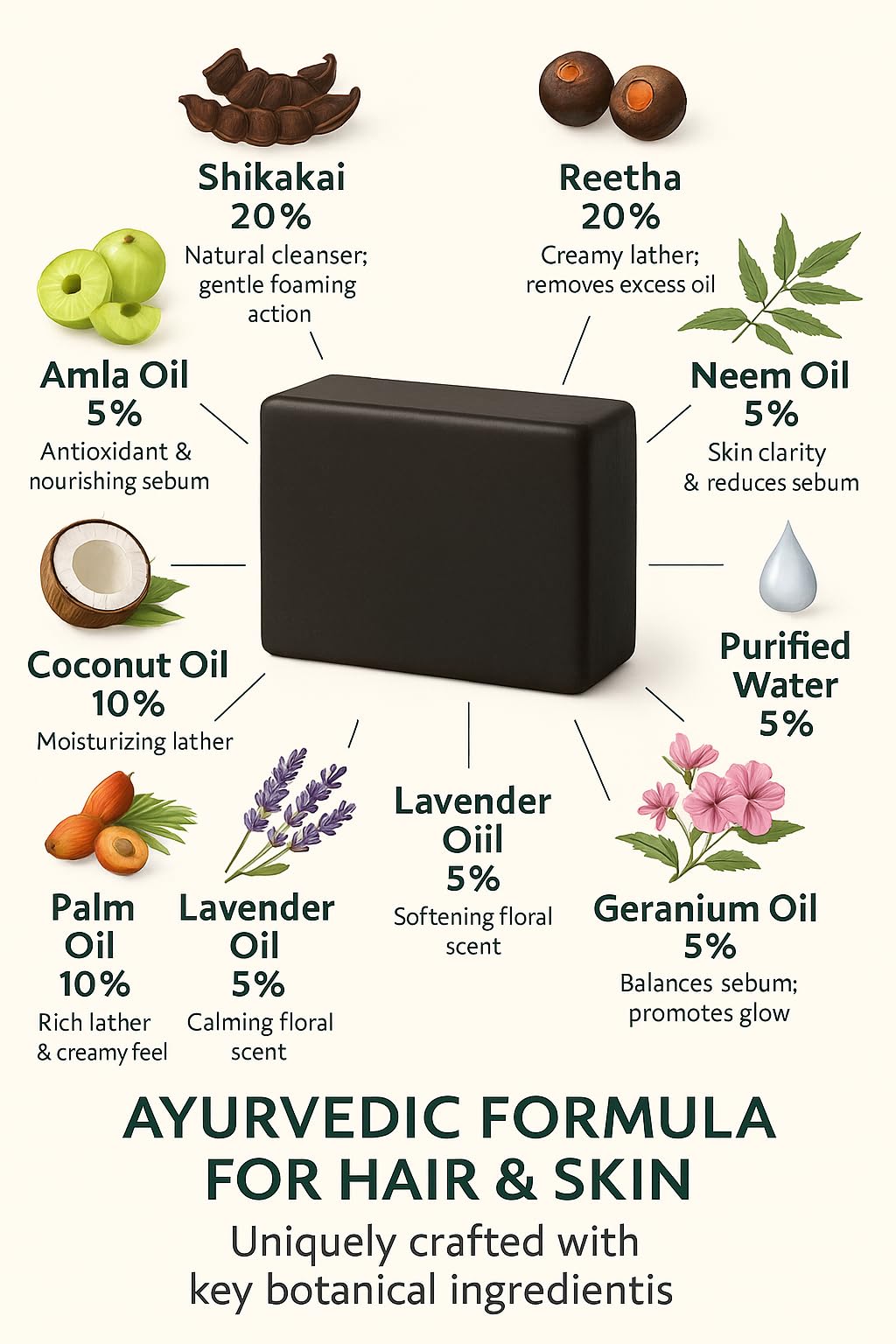 ZOHVIA Pure Shikakai Reetha Herbal Soap Bar 4.4oz Traditional Indian Cleanser with Amla, Neem Inspired by Ayurvedic Skincare Handcrafted with Coconut, Castor & Palm Oils, For men, women & teenagers