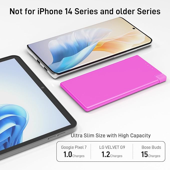 Auskang Pink USB-C Portable Charger with Built in Cable-5000mAh Slim Power Bank Compatible with iPhone16 15 Series/Samsung/Google Pixel/Android Phones etc-Thin Battery Pack for Outdoor Travel