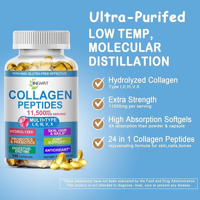 Collagen Peptides Softgels, Multi Collagen Peptide w/ Glucosamine Chondroitin MSM Biotin, Hydrolyzed Collagen Peptides Complex for Women Supports Skin Hair Nail Joints Bones Gut Health, Non-GMO