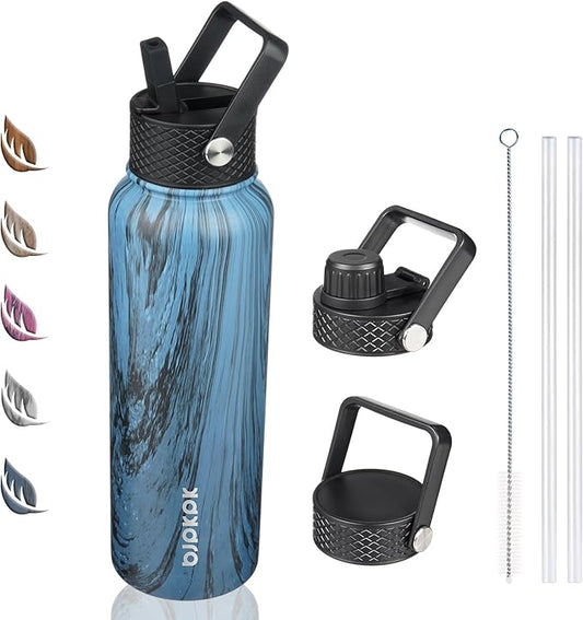 BJPKPK Insulated Water Bottles with Straw Lid, 40oz Stainless Steel Water Bottles with 3 Lids, BPA Free Leakproof Thermo, Tumblers, Cups for Sports- Wood Prussian Blue