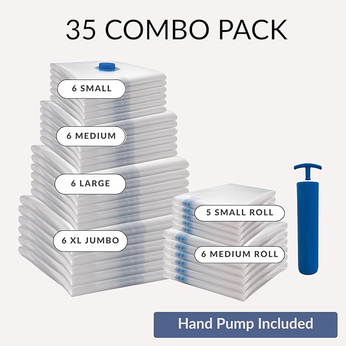 35 Pack Vacuum Storage Bags with Pump, Compression Space Saver for Comforters, Bedding, Blanket Storage, Vacuum Seal Bags for Clothing, Luggage and Closet Organizer, Safe Poly Material