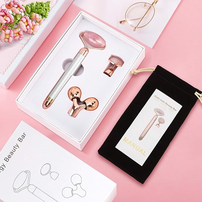3-IN-1 Electric Jade Roller 3D Roller Facial Roller & Face Massager, Rose Quartz