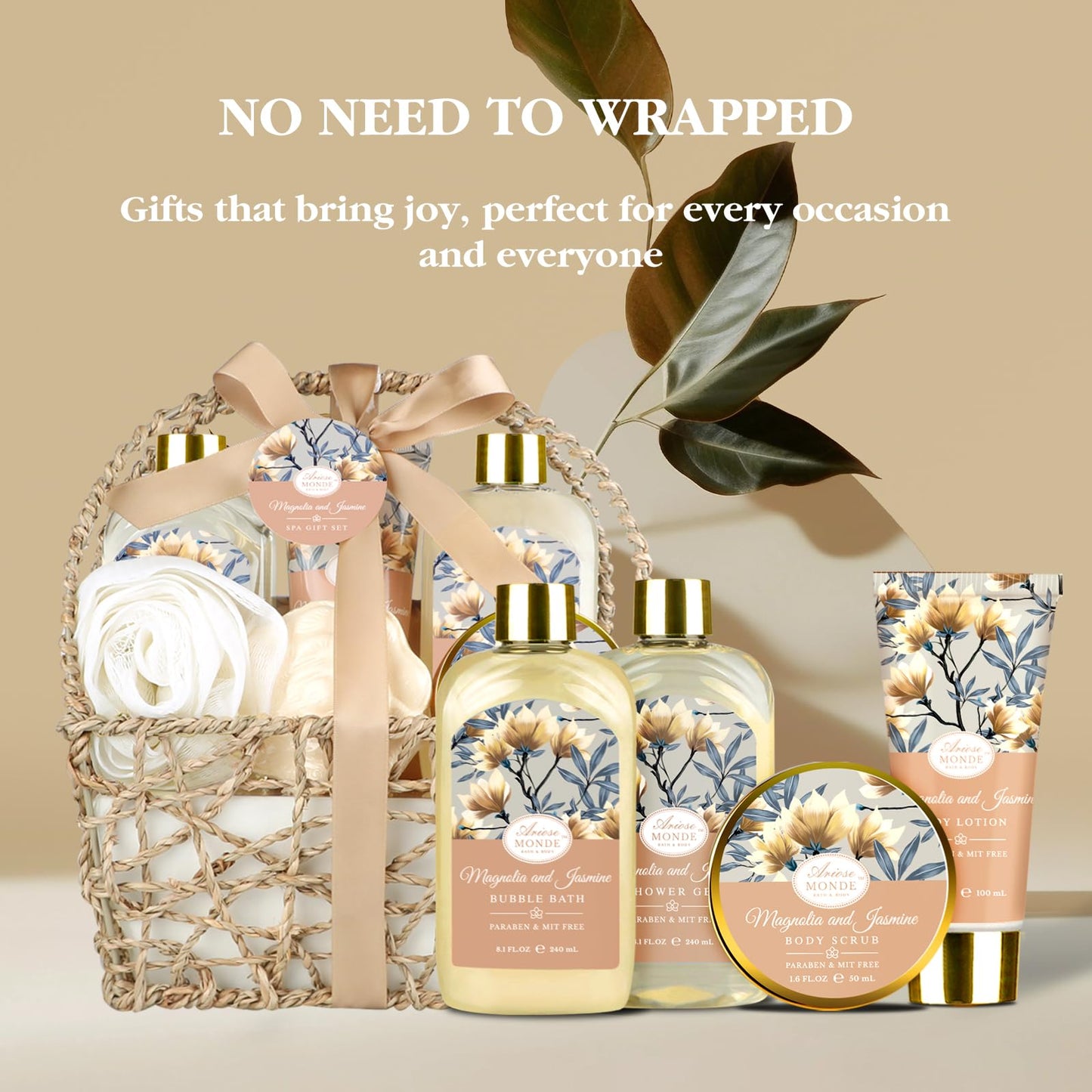 Home Spa Gift Basket, Bath Spa Kit for Women, with Body Lotion, Shower Gel, Bubble Bath, Body Scrub, Bath Salt, Bath Bomb, Bath Gift Set for Mother, Wife Her, with Magnolia and Jasmine Scent