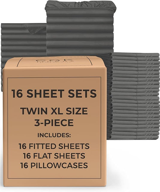 Bulk Case Pack of 16 Sheet Sets - (16) Complete Twin XL Size Sheet Sets w/ Deep Pockets - Wholesale Bulk Bedding for Hotels, Spas & Airbnbs - Breathable, Cooling & Wrinkle Free - (Twin XL, Charcoal)