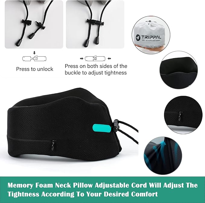 GOLDORANGE Travel Pillow Neck Chin Head Support 100% Pure Memory Foam Neck Pillows for Long Flights Airplane Car Office Sleeping Rest Portable Plane Accessories Black S