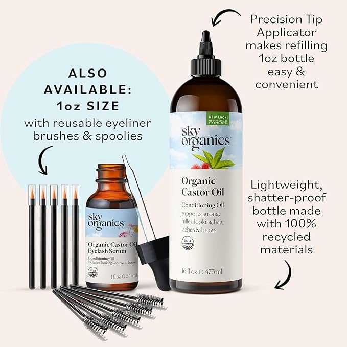 Sky Organics Castor Oil - USDA Certified Organic Hair Oil for Hair Growth, Skin, Face, Eyelashes - Cold Pressed & Hexane Free - Pure Organic Castor Oil Pack Wrap - Carrier & Hair Treatment Oil -16oz