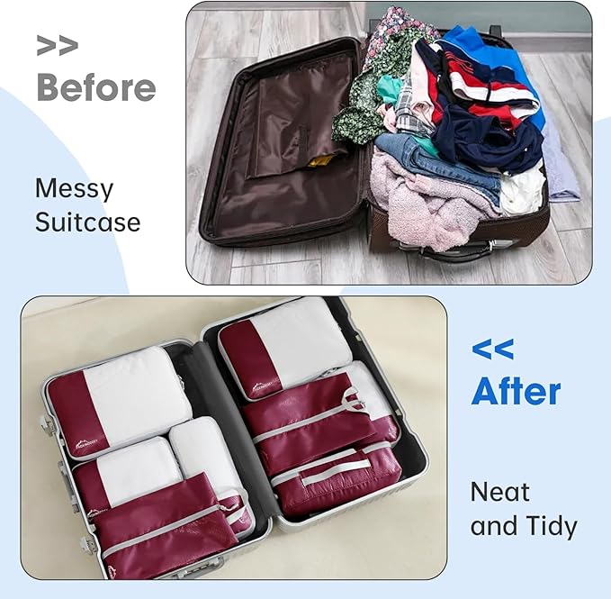 Compression Packing Cubes for Travel, 8 Set Packing Organizers with Zipper Pulls and Mesh Top Panel - Light-weight Travel Cubes for Carry On and Suitcases, Wine