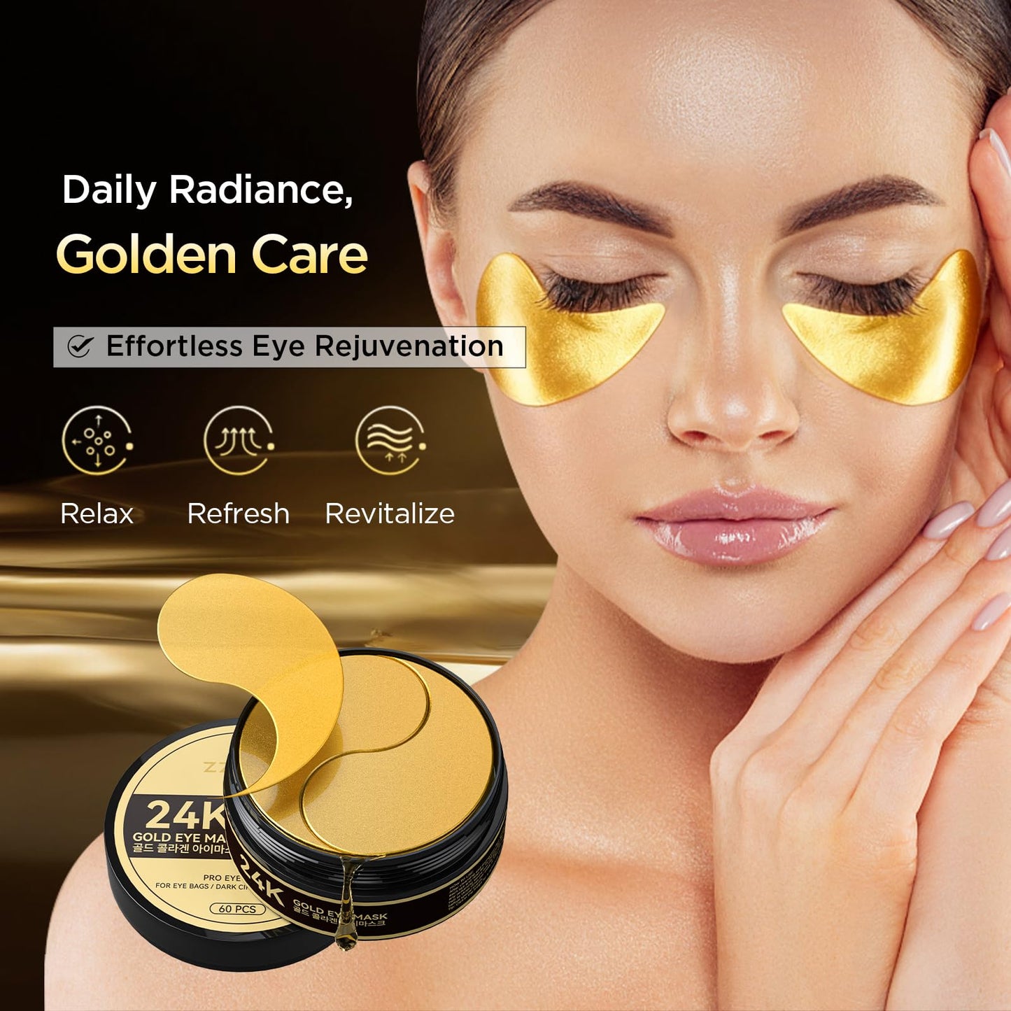 ZZILME 24k Gold Under Eye Patches - Firming, Glowing & Hydrating Hydrogel Mask for Puffy Eyes, Dark Circles, Wrinkles, Eye Bags Treatment, Gifts for Women and Men, 60Pcs Black
