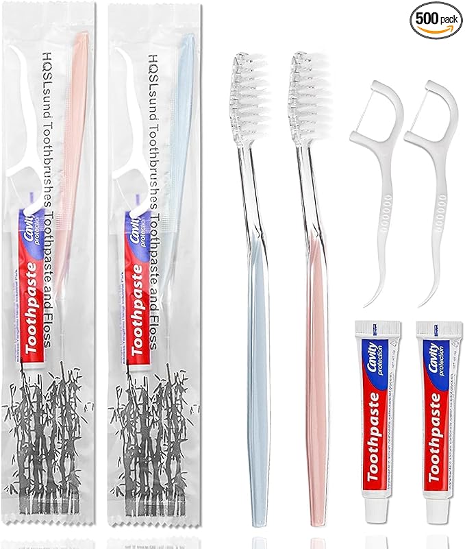 500pcs Disposable Toothbrushes with Toothpaste Floss Individually Wrapped, 2 Color Disposable Toothbrush,10g Toothpaste,Floss Pick,Bulk Toothbrush Kit for Homeless,Airbnb,Hotel