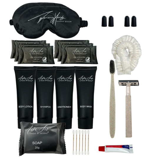 24 Piece Toiletry Kit for Hotels & Airbnb | 1oz Shampoo, Conditioner, Body Wash, Body Lotion, Bar Soap, Shower Cap, Razor, Toothbrush Set, Qtips & Makeup Remover Wipes (Toiletry Kit, 1)