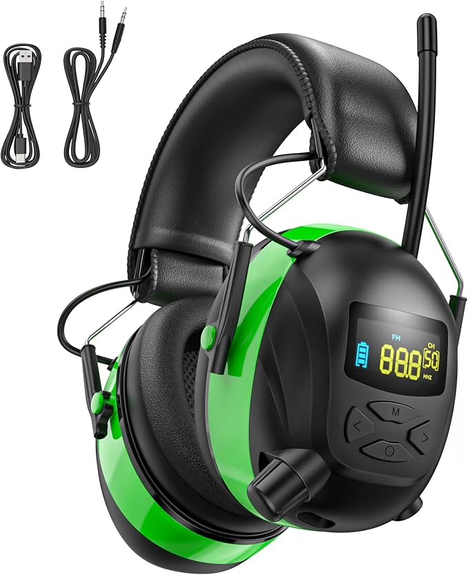 2025 AM/FM Radio Ear Protection Headphones with Backlit Digital Display, 120H Working Time, Rechargeable Hearing Protector, 30dB Noise Reduction Safety Earmuffs for Mowing, Construction, Work, Green