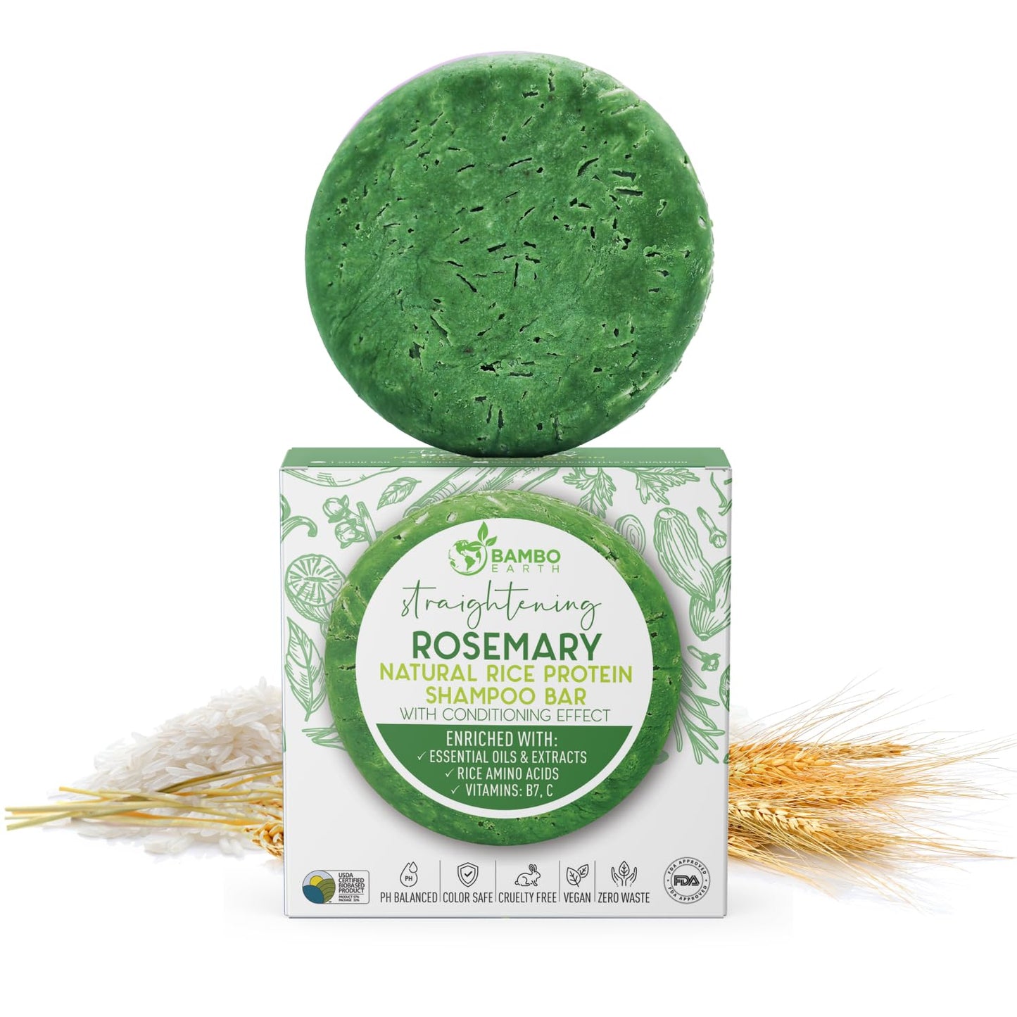 BAMBOEARTH Solid Rice Protein Water Shampoo Bar With Conditioner Effect Hair Soap – Shampoo Bars For Hair With All Natural Plant Based Essential Oils And Zero Waste Packaging (Rosemary)