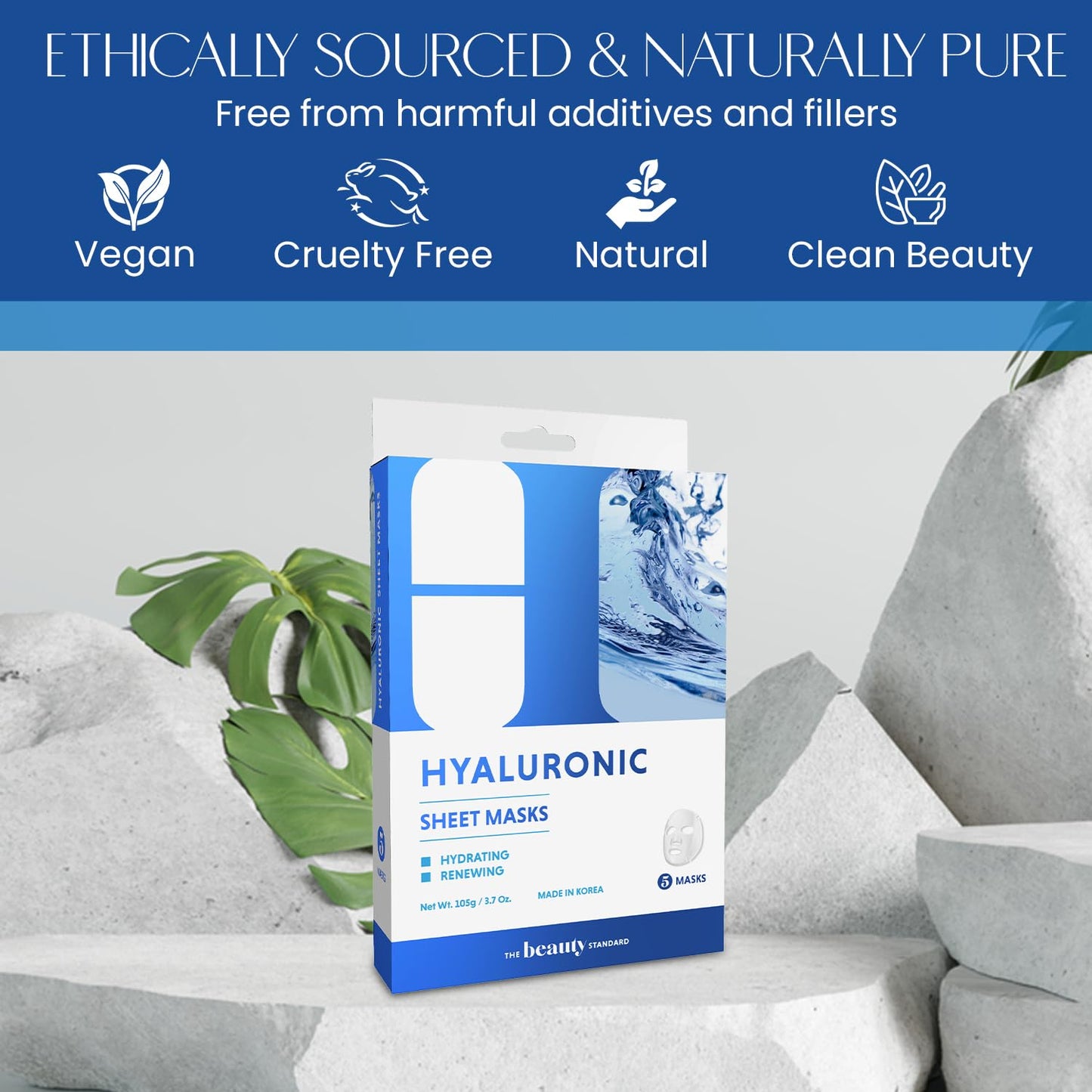 The Beauty Standard Hyaluronic Acid Sheet Face Mask - Skin Firming, Anti-Aging, Moisturizes & Plumps Skin - Dermatologist Tested, Cruelty-Free Korean Skin Care for All Skin Types - 5 Masks (2 Pack)