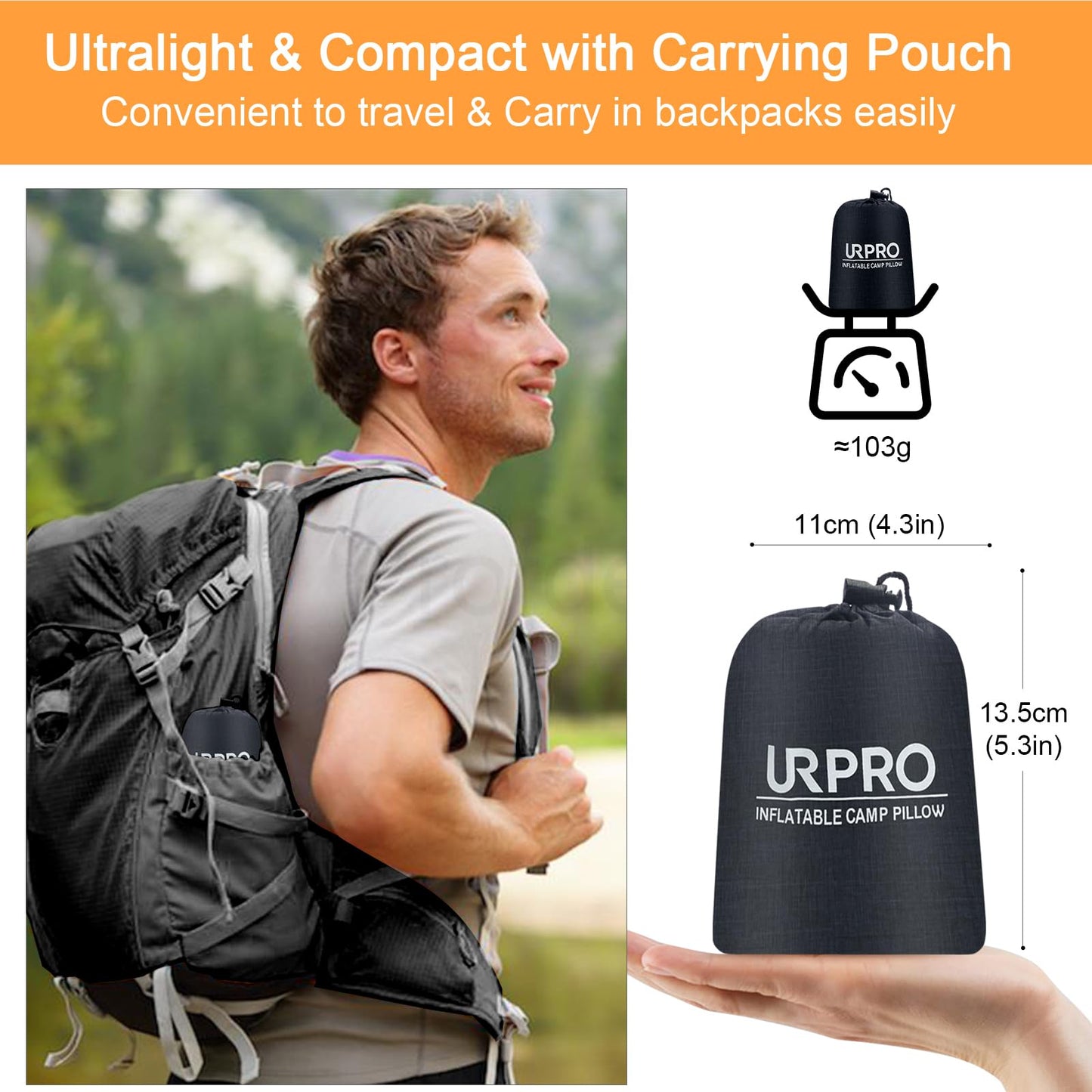 URPRO Ultralight Inflatable Camping Travel Pillow - Compressible, Compact, Comfortable, Ergonomic Inflating Pillows for Neck & Lumbar Support Camp, Hiking, Backpacking Black