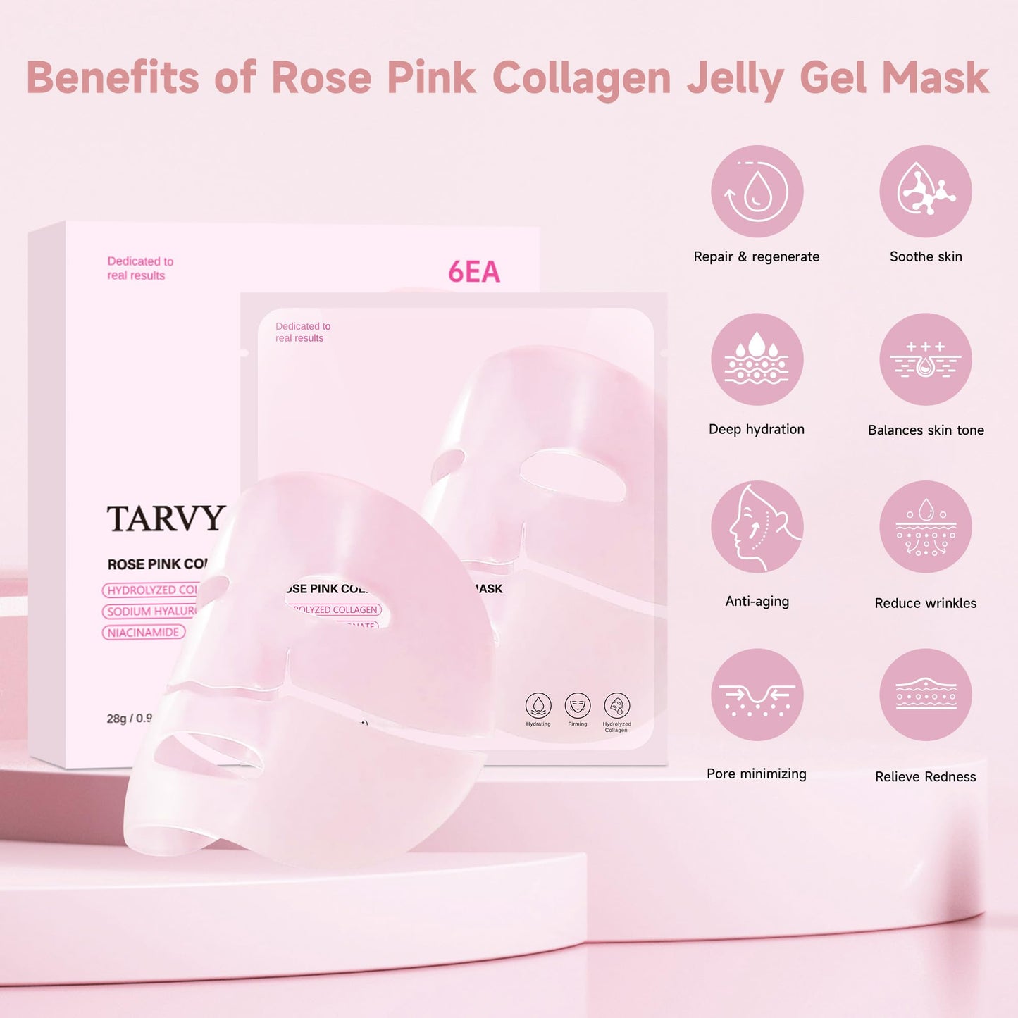 TARVY Collagen Jelly Gel Mask | Hydrating Overnight Hydrogel Mask | Face Masks Skincare for Glass Glow Skin- Elasticity, Hydrating, Firming and Moisturizing, 28gx6ea