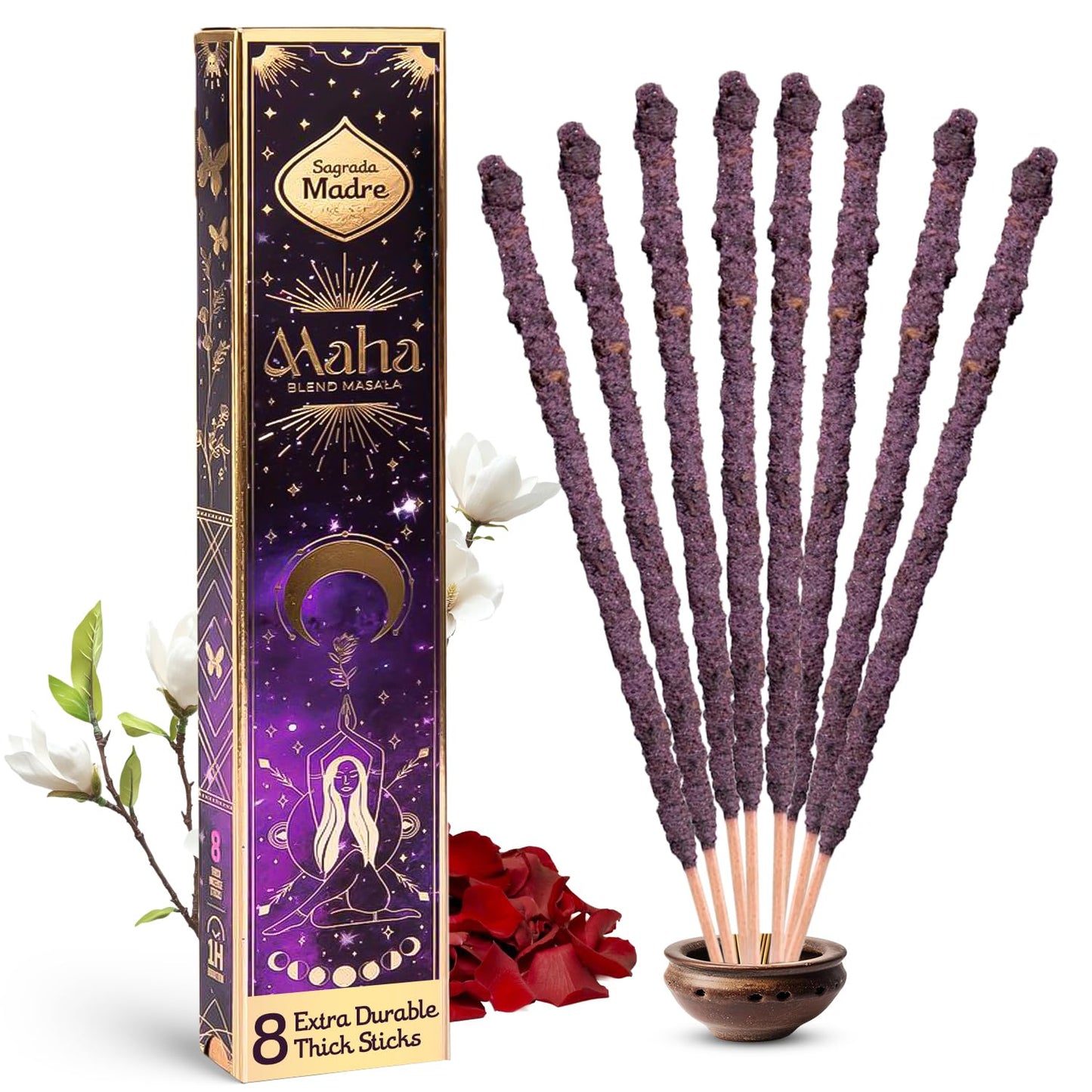 Sagrada Madre - 8 Extra-Durable Maha Masala Incense Sticks - 9” Long Handmade & Thick Aromatherapy Sticks with Rose Petals & Essential Oils for Meditation & Spiritual Harmony - 1 Hour Burn Time