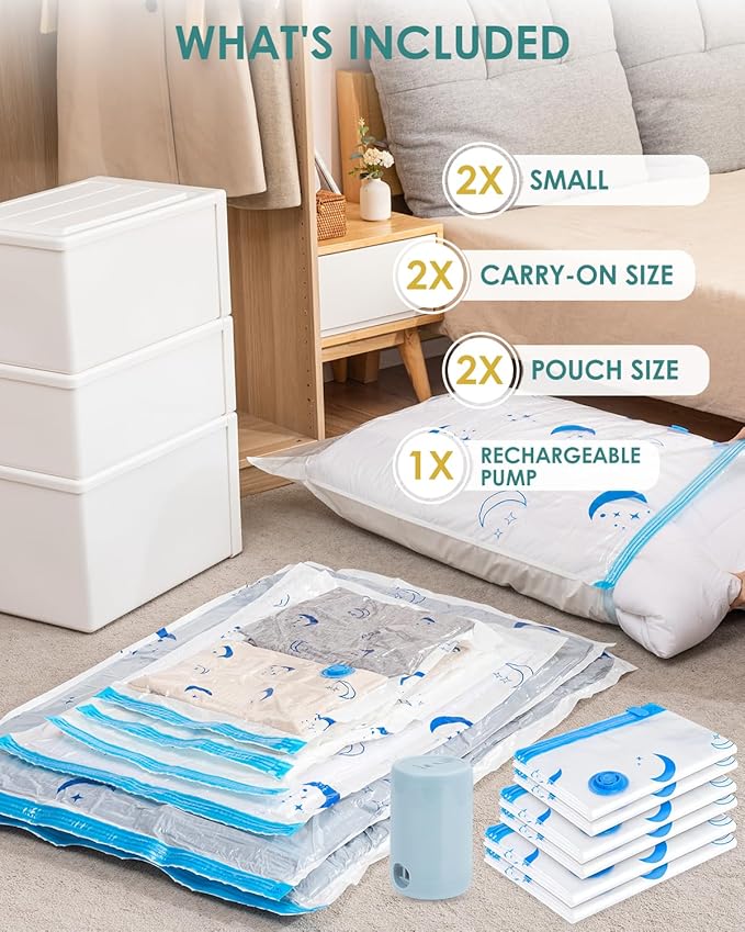 Vacuum Storage Bags with Electric Pump, 6 Pack Vacuum Sealed Bag with 1500mAh Rechargeable Battery for Clothes, Blanket, Duvets, Pillows, Comforters, Travel