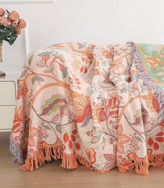 Boho Throw Blankets for Bed Couch, 100% Soft Cozy Cotton Rustic Quilt 80"x90",Lightweight Reversible Muslin Farmhouse Decor Fall Throw Blankets for Armchair,Picnic,Sofa,Couch Best Gifts