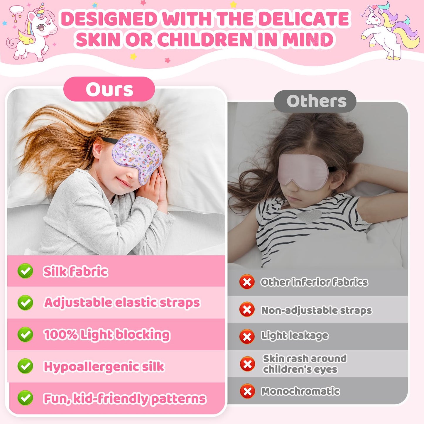 2 Pcs Sleep Mask for Kids Girls, Silk Eye Covers for Sleeping, Adjustable Strap & Light Blocking Design, Children's Bedtime Blindfold for Travel and Home Use (Rainbow Unicorn)