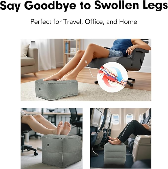 Inflatable Foot Rest Pillow for Travel, Adjustable 3 Layers Height Cushion Kids/Adults Airplane Travel Pillow, Suitable for Trains, Cars, Office, Home Comfort - Grey